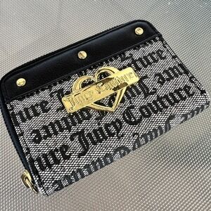 Juicy Couture Black Monogram Zip Wallet Large Heart Gold Plaque Elegant Y2K Read